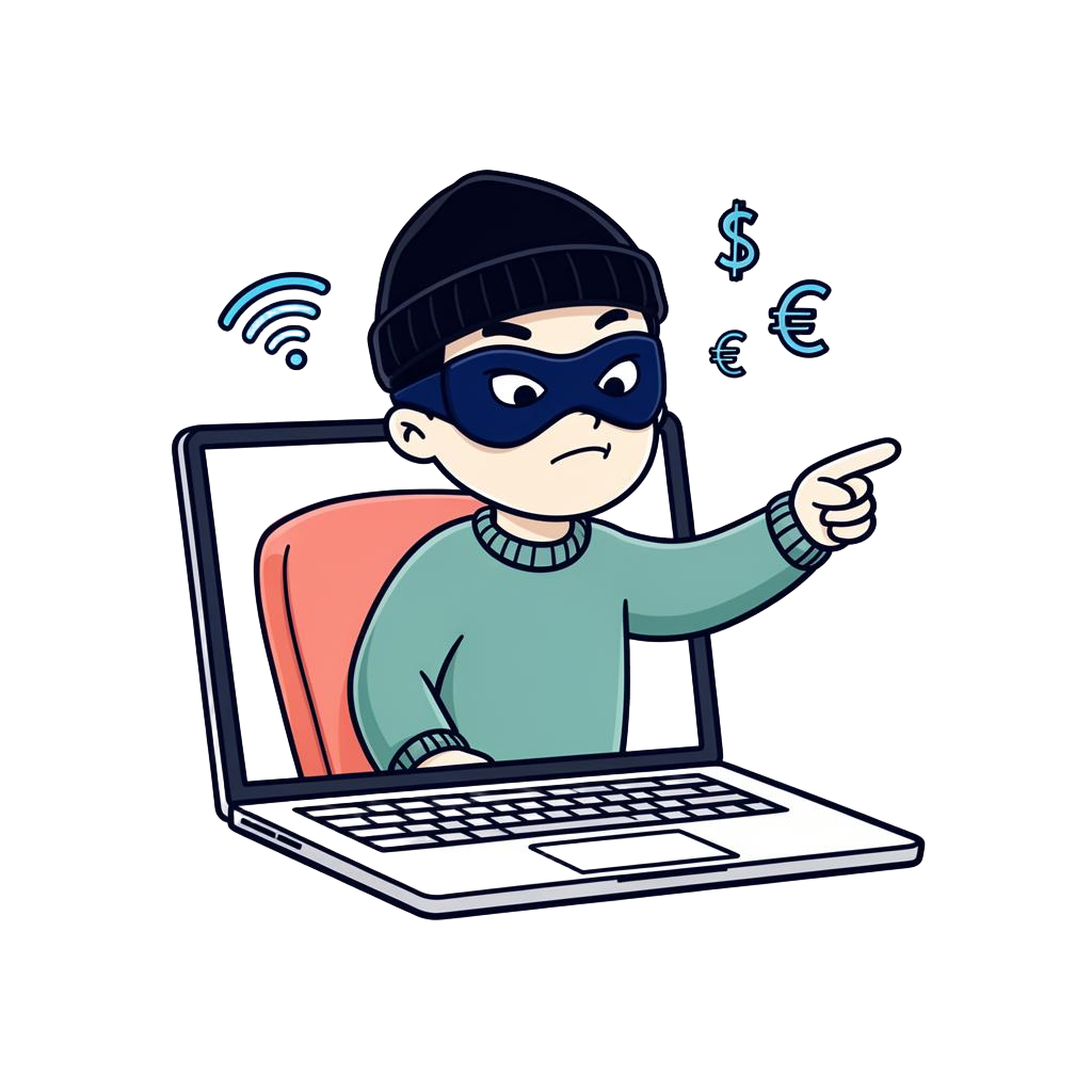Illustration showing a scammer spying on a job seeker's laptop